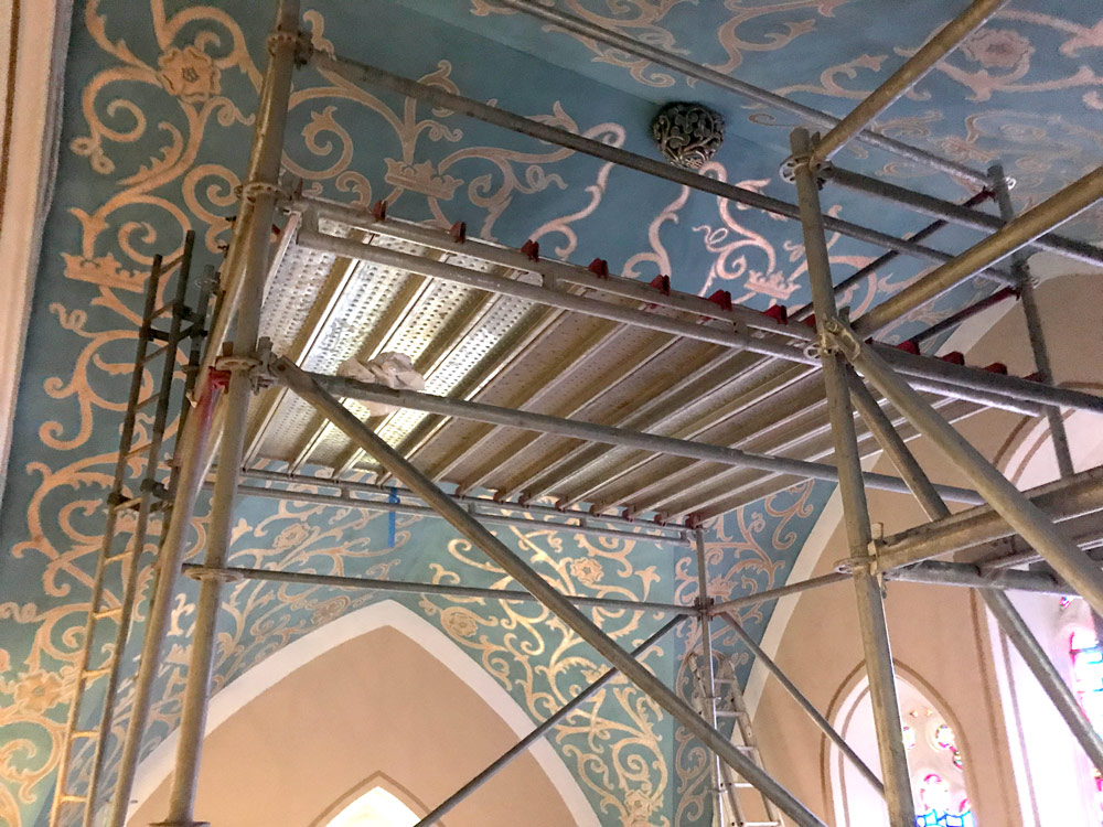 Ring pole scaffolding inside a church